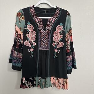 Calessa Floral Embroidered Bohemian Top Women Small Colorful Ruffle Peasant Boho